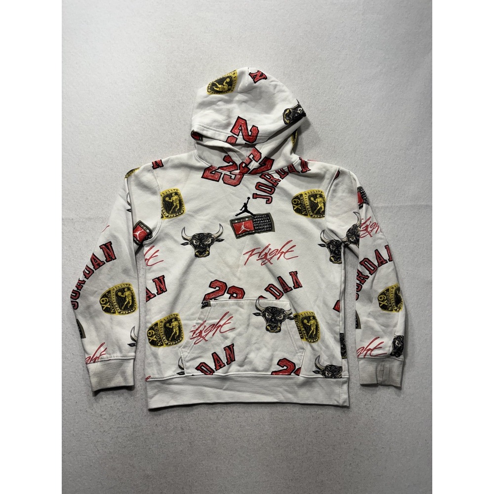 Jordan Hoodie Unisex Kids L 12-13 White Flight 23 Bull Print Fleece Pullover